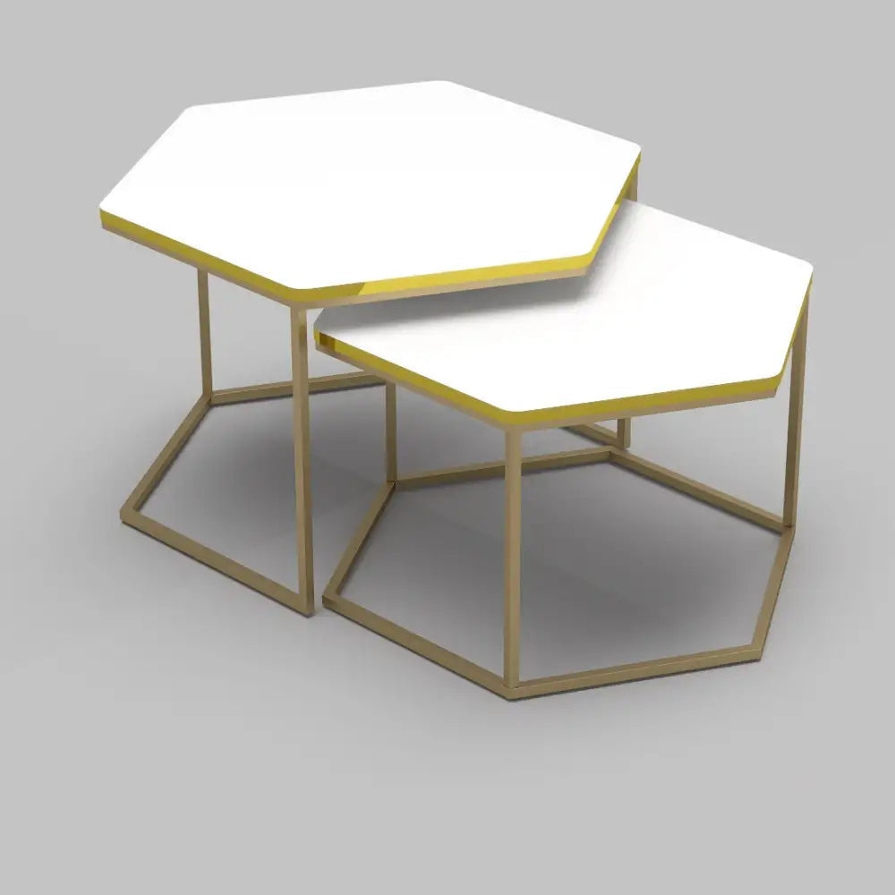 Set 2 Masute Hexagonale cu Blat Alb | Cadru Metalic Auriu | Design Suprapus