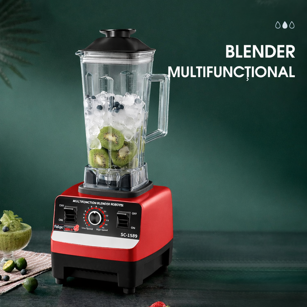 Blender 2 în 1 cu Vas de 2 L și Râșniță de 0,5 L, 15 Viteze, Pulse, Pisează Gheață