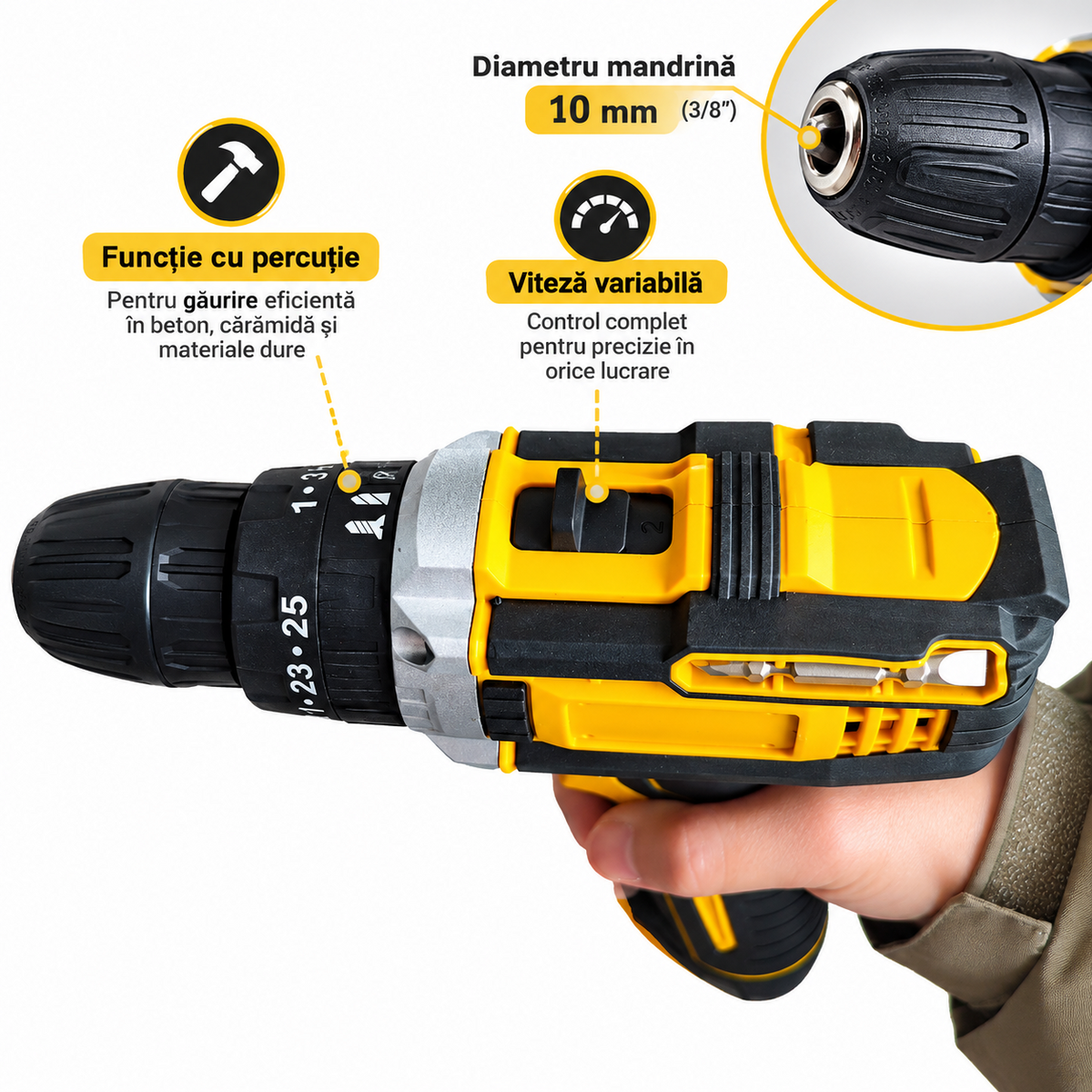 Mașină de Găurit și Înșurubat cu Acumulator 48V, Mandrină 10 mm, 2 Viteze, Accesorii și Valiză