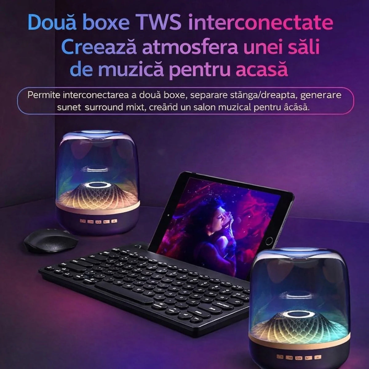 Boxă Bluetooth Portabilă cu Lumini LED, USB-C și Slot Card TF