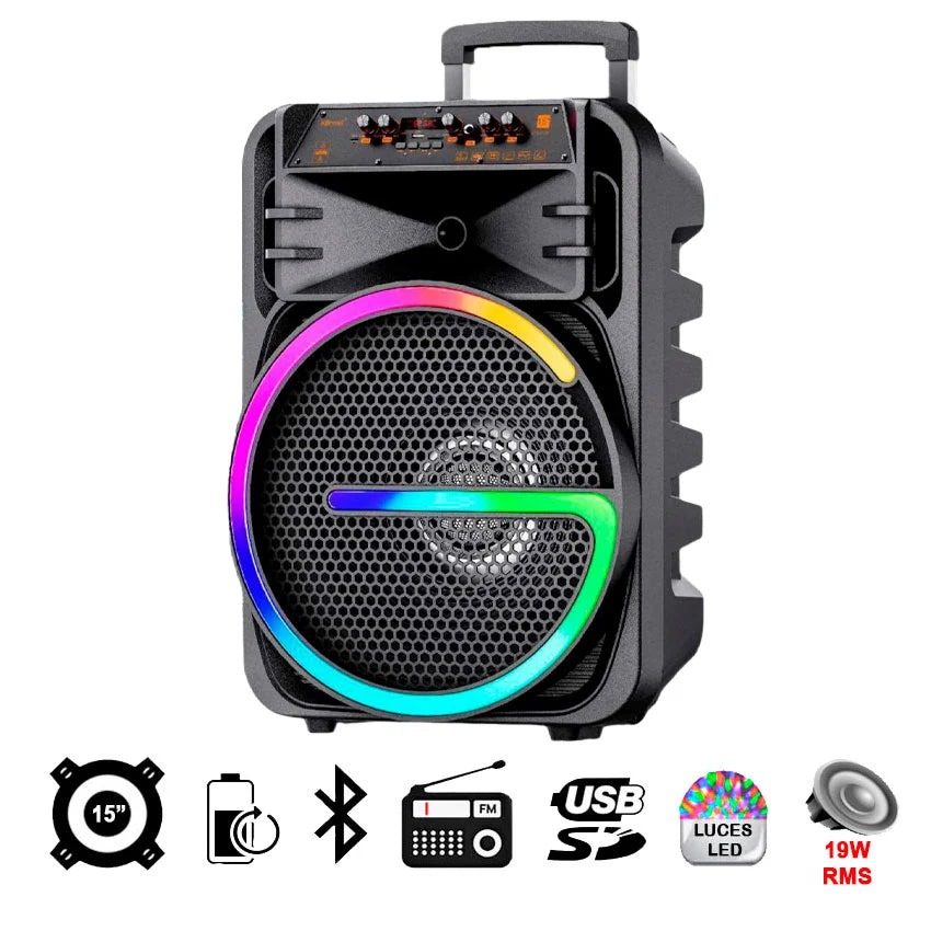 Boxă portabilă Bluetooth 15" cu 2 microfoane wireless și lumini LED