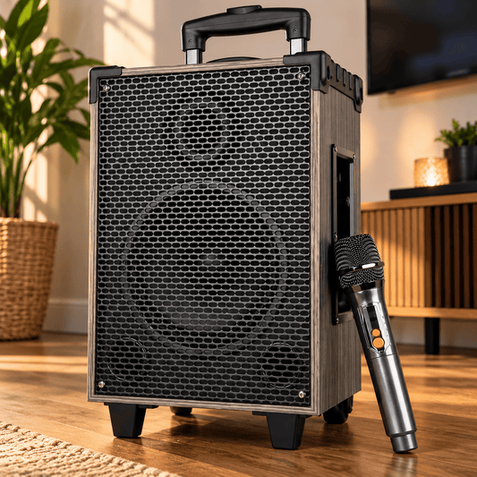 Boxa Karaoke Premium 45W cu Difuzor 8", Microfon Wireless, Bluetooth 5.3 - Sistem Audio Portabil cu Roti si Maner