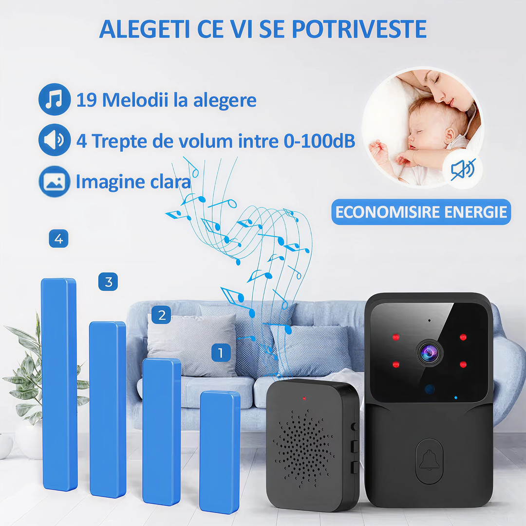 Sonerie Video Wireless 1080P | Control Prin Aplicatie | Viziune Nocturna HD | WiFi 2.4GHz | Neagra
