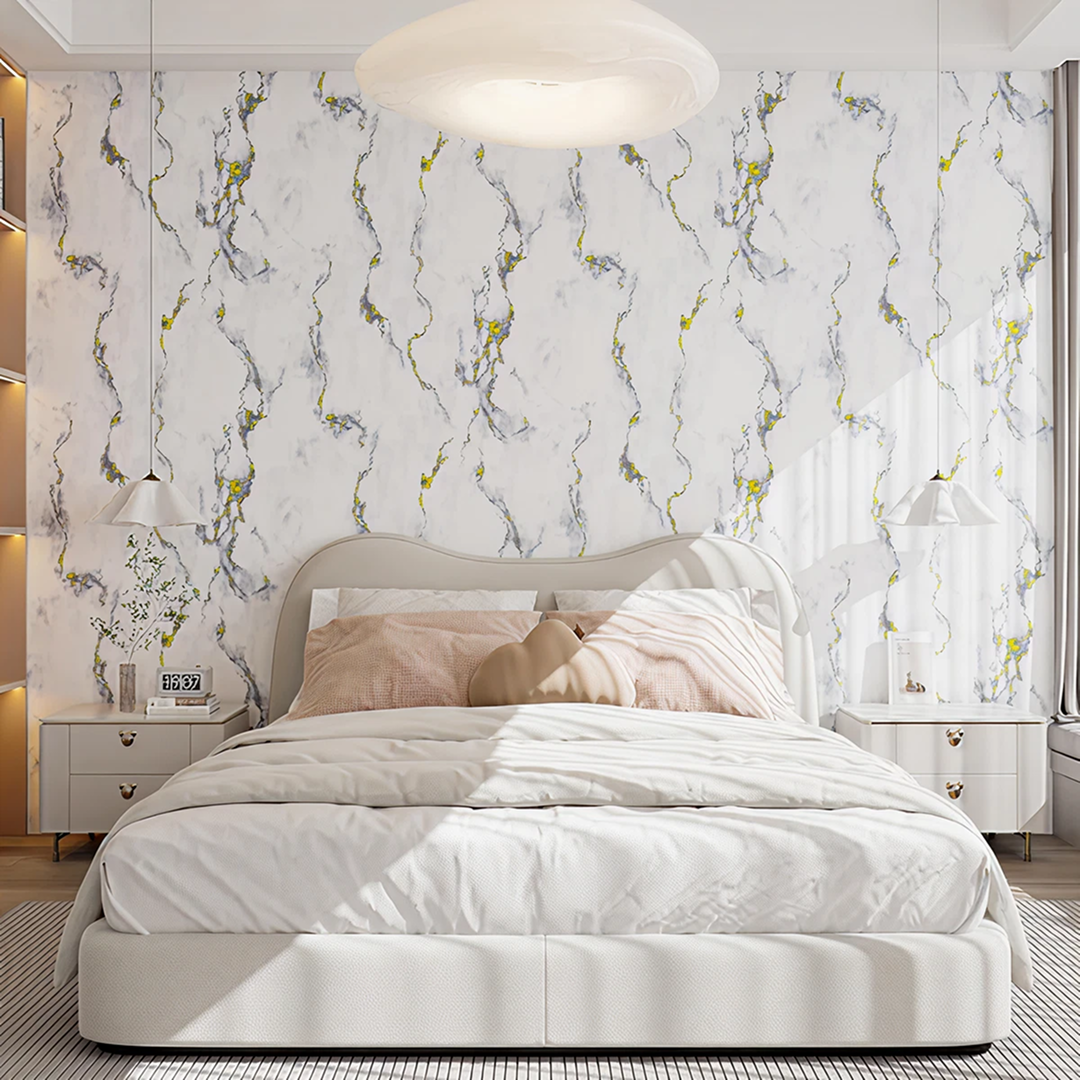 1+1 PROMO Tapet Autoadeziv 3D Tip Marmura | 300x60 cm | Waterproof | Adeziv Puternic | Alb Cu Auriu