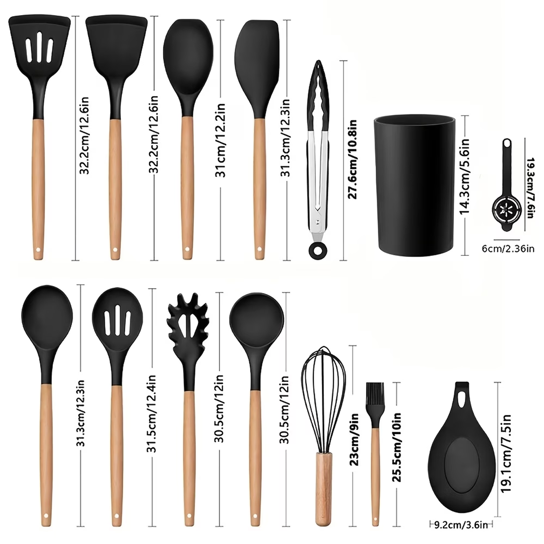 Set Ustensile Bucatarie Silicon 14 Piese | Maner Lemn | Compatibil Vase Non-Aderente | Diferite Culori