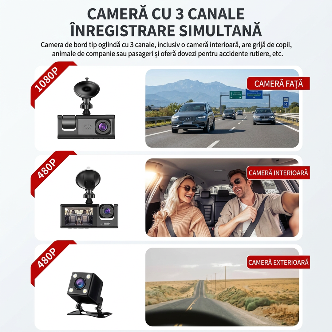 Camera Auto Tripla | 3 Camere Fata Spate Interior | Ecran 2" | G-Sensor | Unghi 170° | Monitorizare Parcare