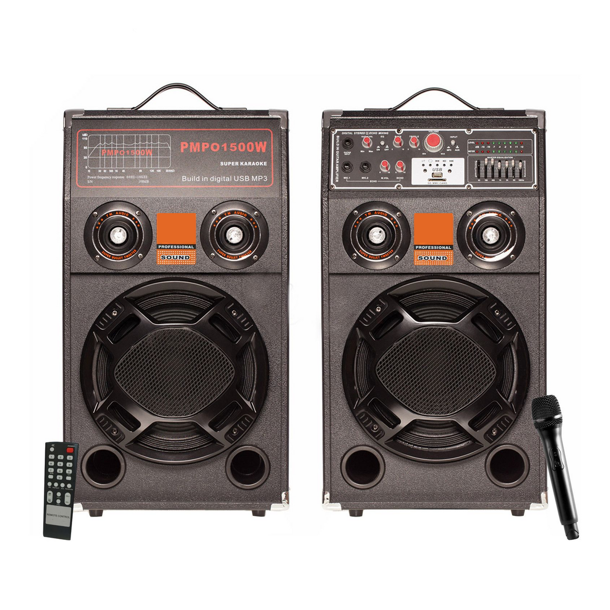 Set 2 Boxe Active cu Karaoke 500W, Difuzor 25 cm, Bluetooth, Lumini, Microfon și Telecomandă