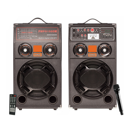 Set 2 Boxe Active cu Karaoke 500W, Difuzor 25 cm, Bluetooth, Lumini, Microfon și Telecomandă