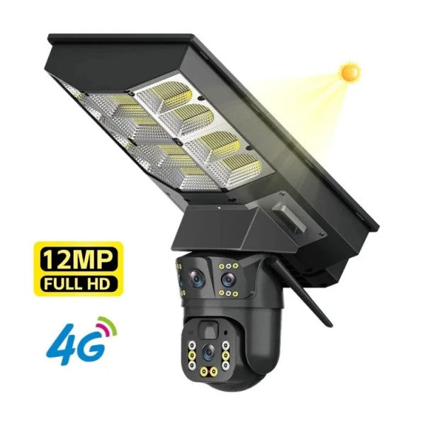 Camera Supraveghere 4G Solara Exterior | 12MP 4K Ultra HD, PTZ 360°, Zoom Optic X10, Proiector LED 600W, IP67, Card Memorie Cadou
