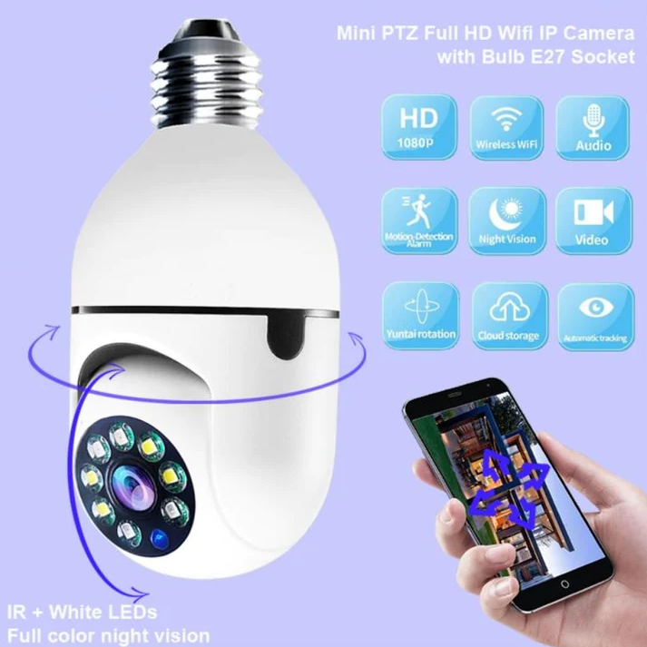 Pachet 1+1: 2 Camere de Supraveghere WiFi tip Bec E27, 1080P, Rotative, cu Senzor PIR
