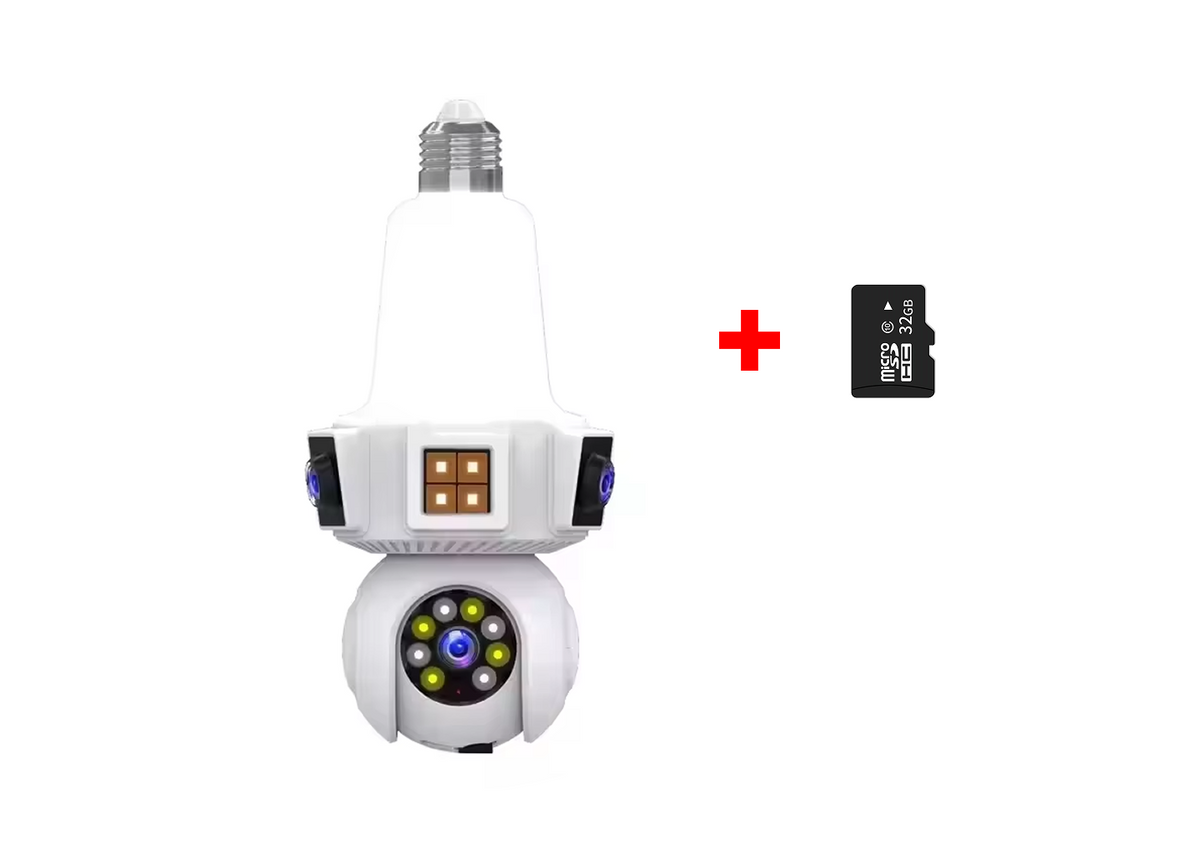 Cameră de Supraveghere WiFi tip Bec E27 cu 3 Obiective, Rotativă, și Card 32 GB Cadou