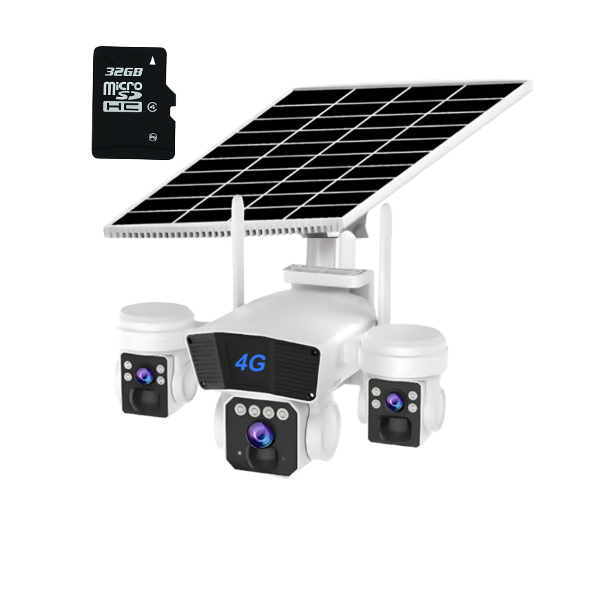 Camera Supraveghere, 3 Lentile, cu Panou Solar, Conexiune 4G, Rotatie 360°, Zoom 10x, Card Memorie Cadou