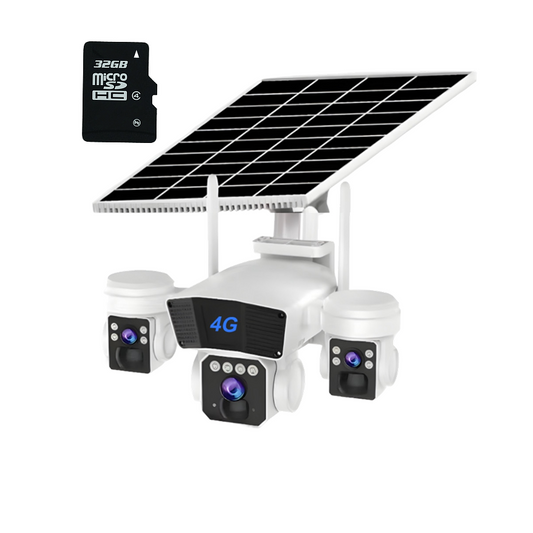 Camera Supraveghere, 3 Lentile, cu Panou Solar, Conexiune 4G, Rotatie 360°, Zoom 10x, Card Memorie Cadou