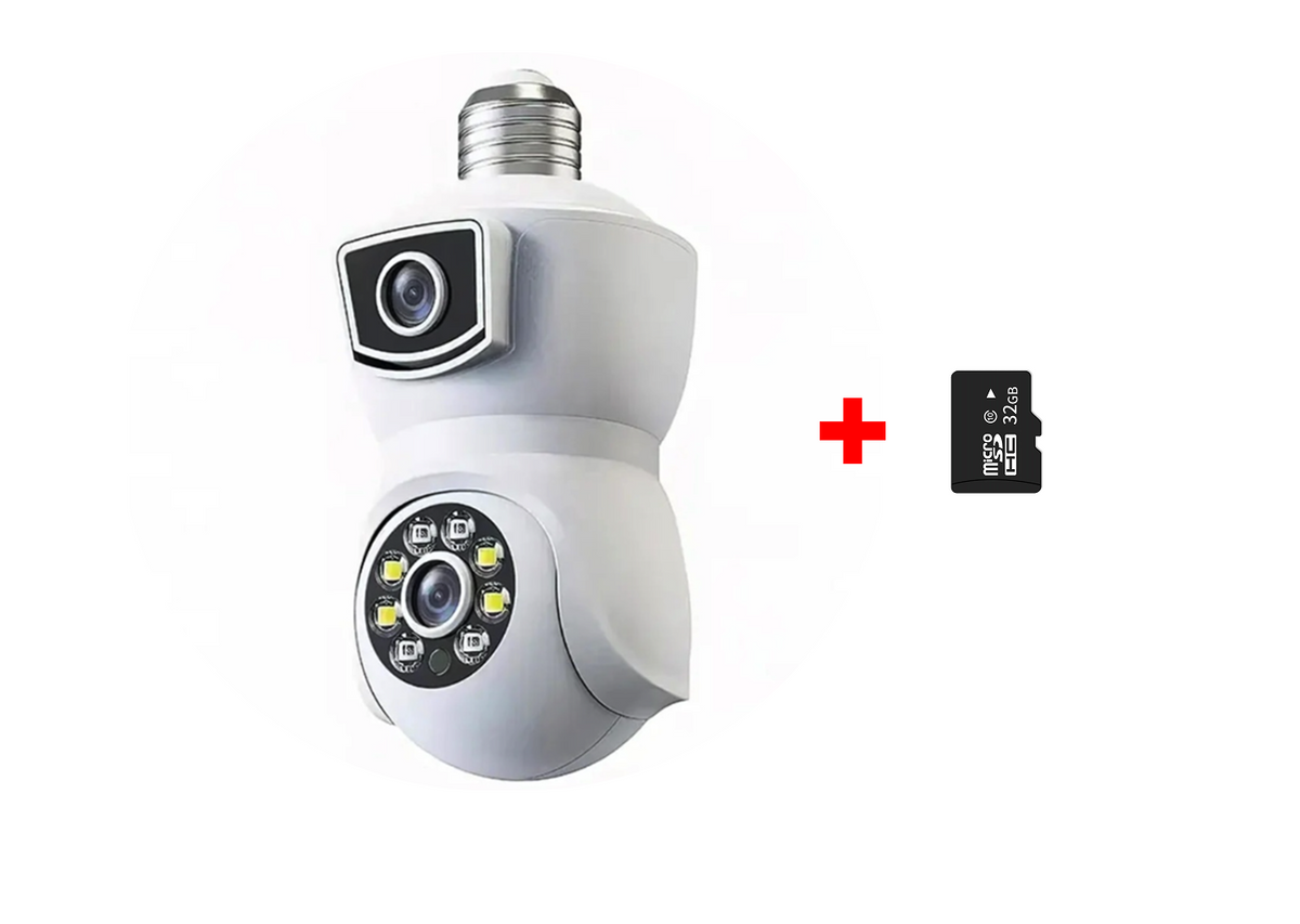 Cameră WiFi tip Bec E27 cu Două Obiective 2MP+2MP, Rotativă, Alarmă și Card 32 GB Cadou