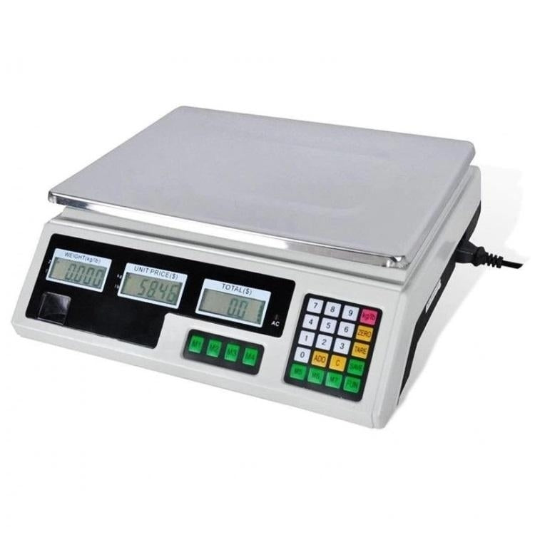 Cântar Electronic cu Calcul de Preț, 40 kg, Afișaj Dublu, Platan Inox și Acumulator