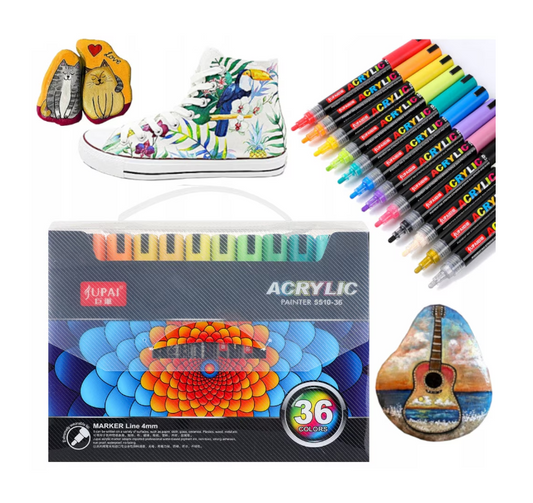 Set 36 Markere cu Vopsea Acrilică, Vârf 4 mm, pentru Pietre, Sticlă, Ceramică, Lemn și Pânză