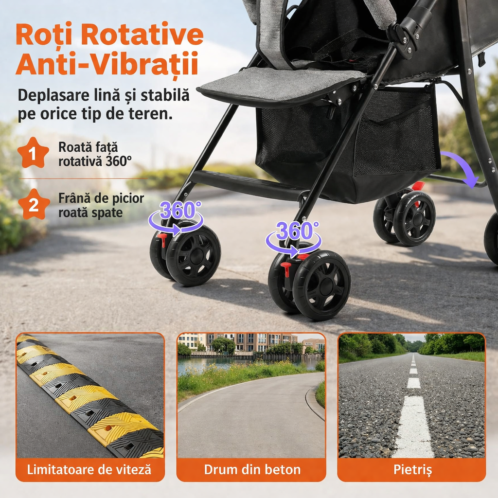 Carucior Bebe Pliabil Ultra Usor 4.2kg | Spatar Reglabil 95-175° | Centura 5 Puncte | Copertina Extensibila | Roti 360° | Cos Depozitare