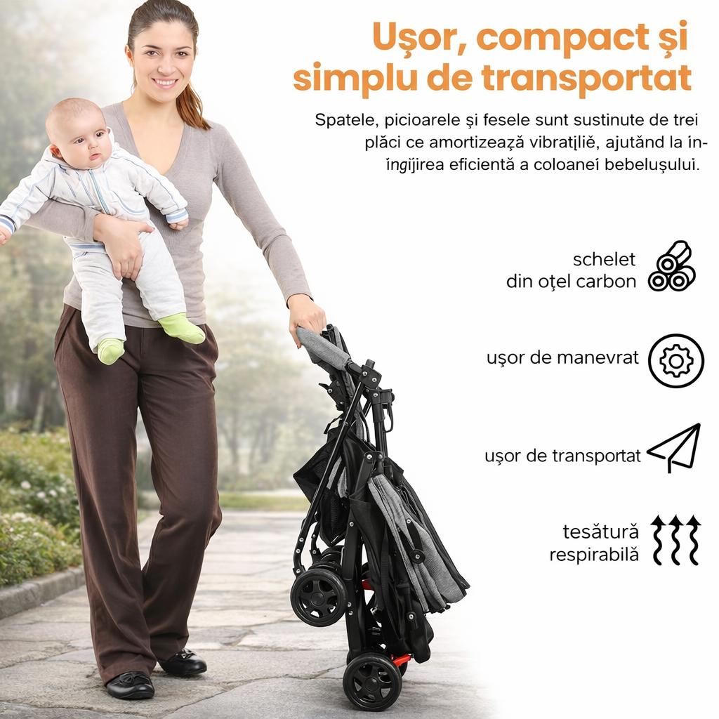 Carucior Bebe Pliabil Ultra Usor 4.2kg | Spatar Reglabil 95-175° | Centura 5 Puncte | Copertina Extensibila | Roti 360° | Cos Depozitare