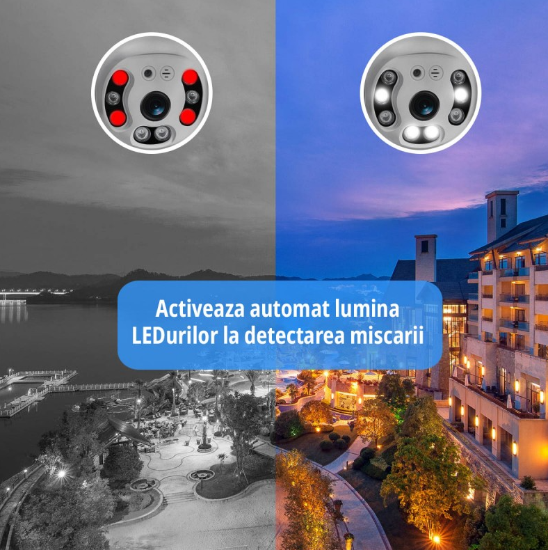 Cameră de Supraveghere PTZ WiFi 2MP cu Iluminare LED Automată, IR, Audio și Detecție Umană