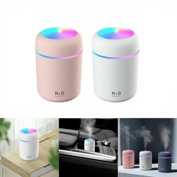 PROMO - Umidificator si Difuzor Aromaterapie cu ultrasunete, capacitate 300ML, LED 7 culori + Set 12 uleiuri esential, 3 ml, de fructe si flori, parfum Purificator si Umidificator si SPA