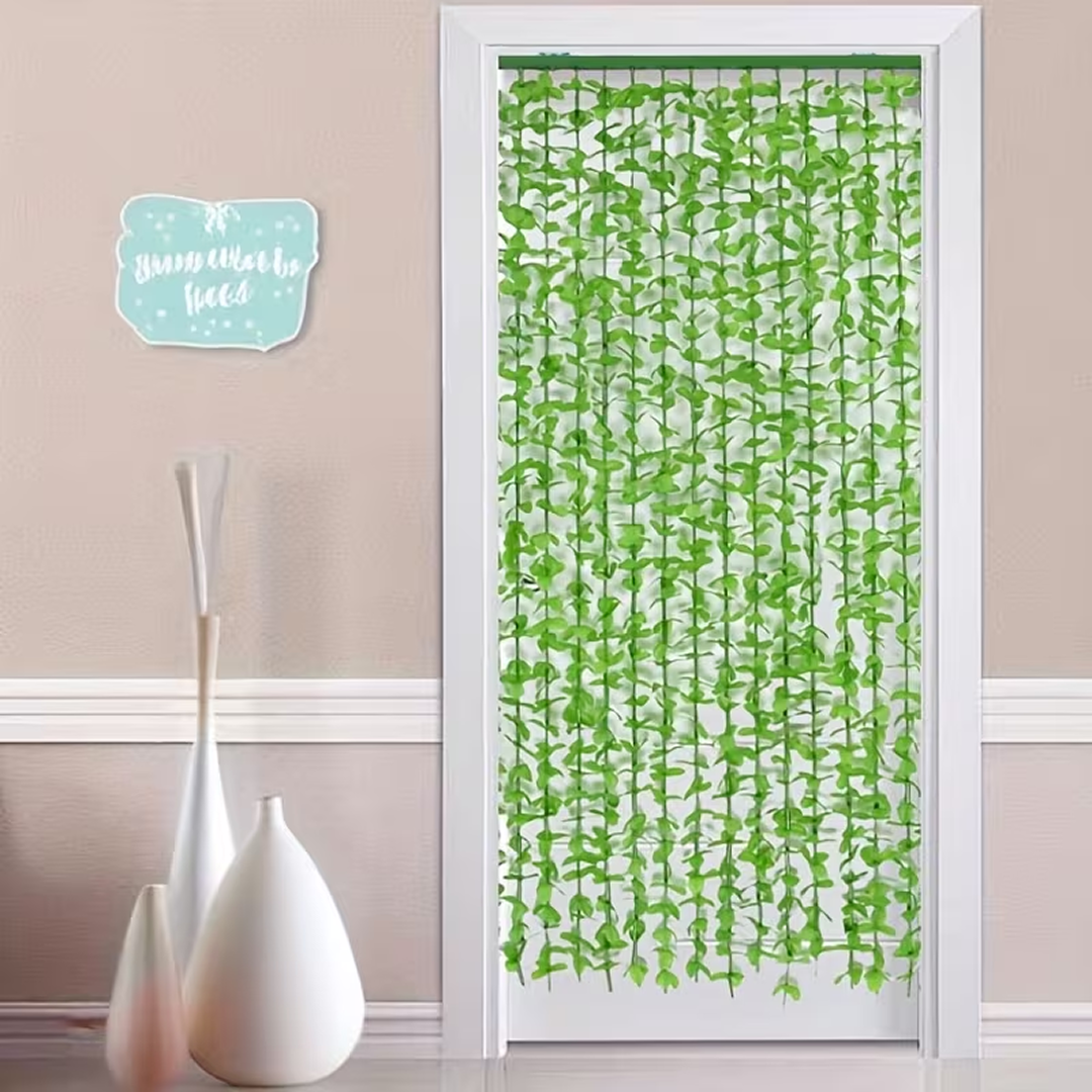 Perdea Decorativa Usa 90x180 Cm Cu Frunze | Bambus Si Material Textil | Anti Insecte | Verde