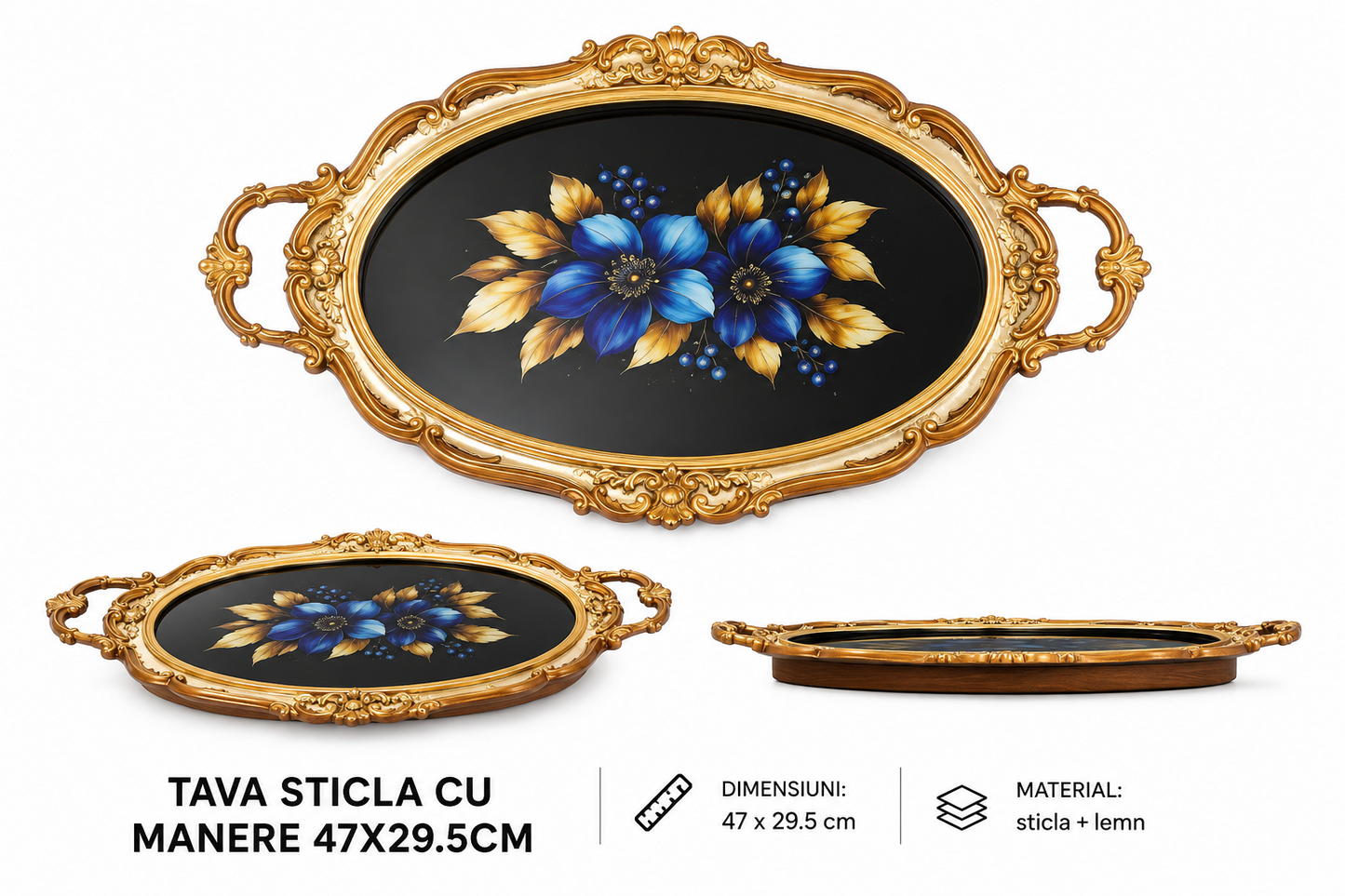Tava Decorativa din Sticla cu Manere | 47 x 29.5 cm | Rama din Lemn | Design Elegant