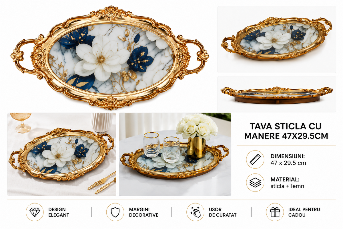 Tava Decorativa din Sticla cu Manere | 47 x 29.5 cm | Rama din Lemn | Design Elegant