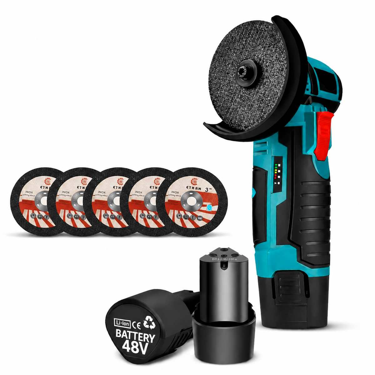 Mini Polizor Unghiular cu Acumulator 48V, Brushless, 5 Discuri 76 mm, 2 Acumulatori