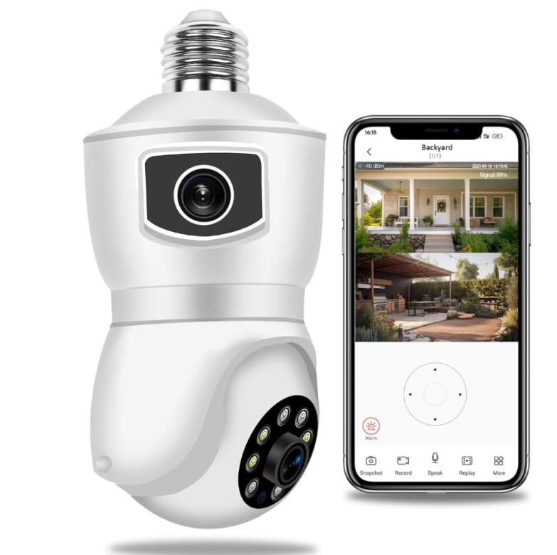 Cameră WiFi tip Bec E27 cu Două Obiective 2MP+2MP, Rotativă, Alarmă și Card 32 GB Cadou