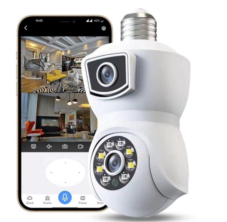 Cameră WiFi tip Bec E27 cu Două Obiective 2MP+2MP, Rotativă, Alarmă și Card 32 GB Cadou
