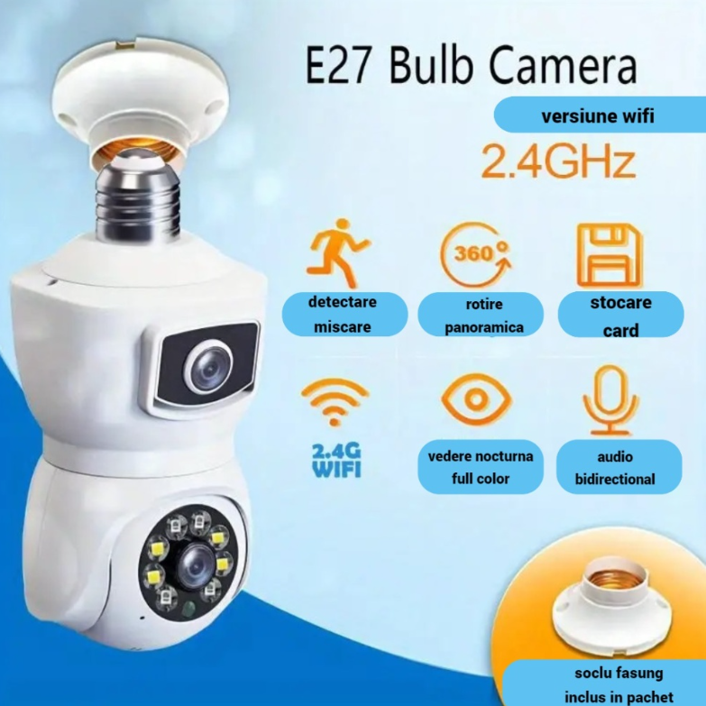 Cameră WiFi tip Bec E27 cu Două Obiective 2MP+2MP, Rotativă, Alarmă și Card 32 GB Cadou