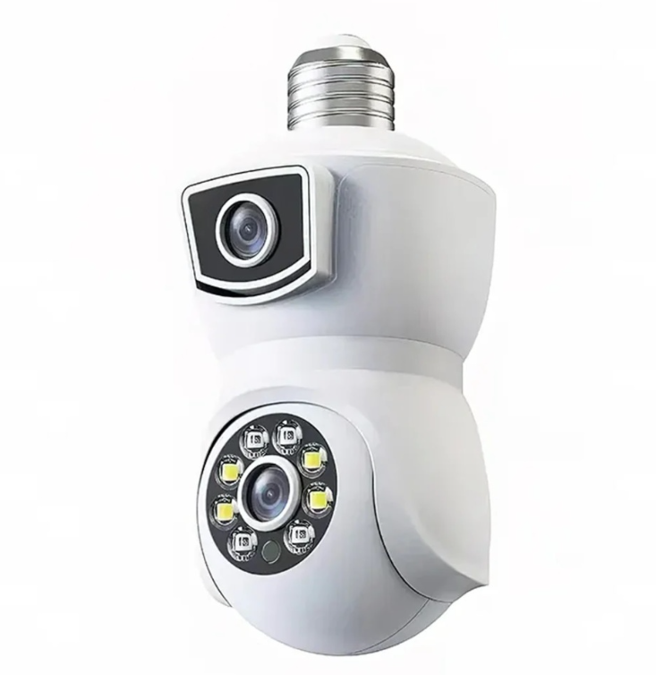 Cameră WiFi tip Bec E27 cu Două Obiective 2MP+2MP, Rotativă, Alarmă și Card 32 GB Cadou