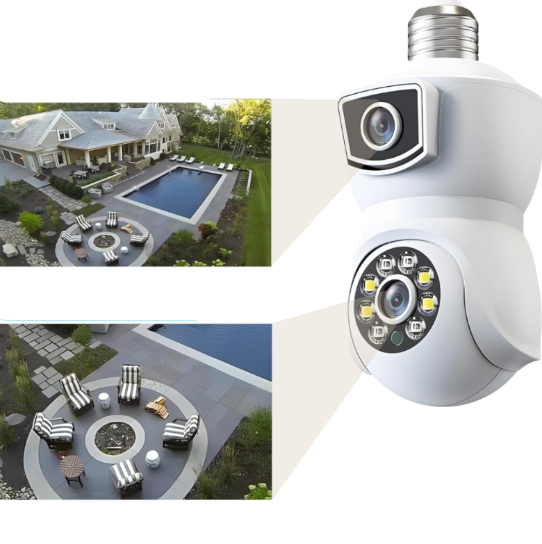 Cameră WiFi tip Bec E27 cu Două Obiective 2MP+2MP, Rotativă, Alarmă și Card 32 GB Cadou
