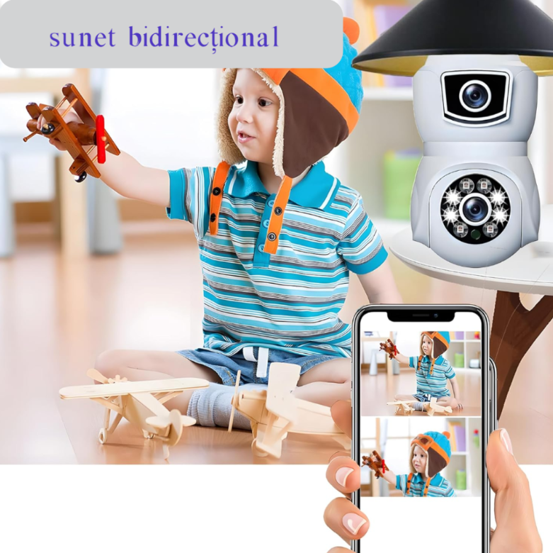 Cameră WiFi tip Bec E27 cu Două Obiective 2MP+2MP, Rotativă, Alarmă și Card 32 GB Cadou
