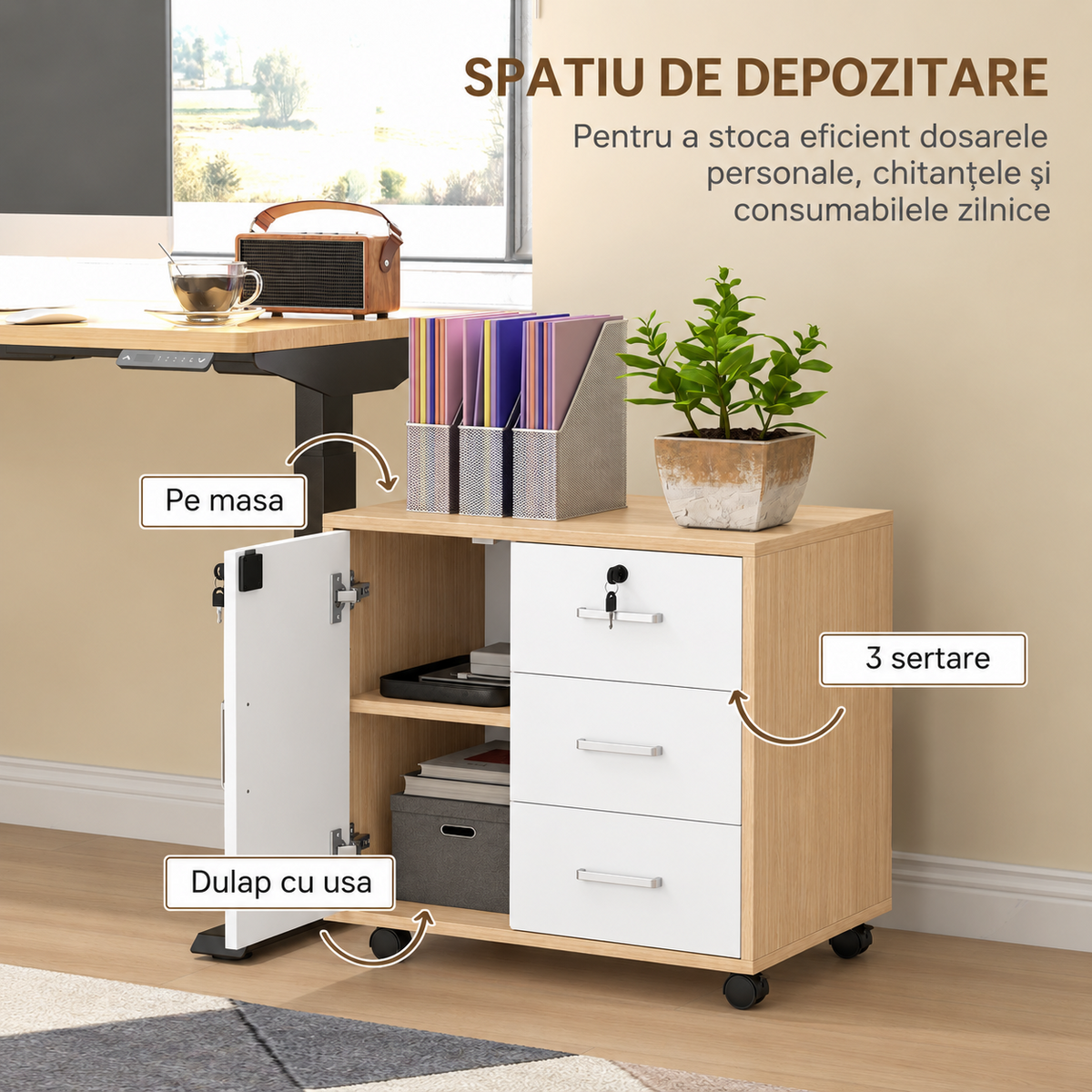 Fișet Mobil pentru Birou cu 3 Sertare, Compartiment cu Ușă și Încuietoare, pe Roți, 60x37x57 cm