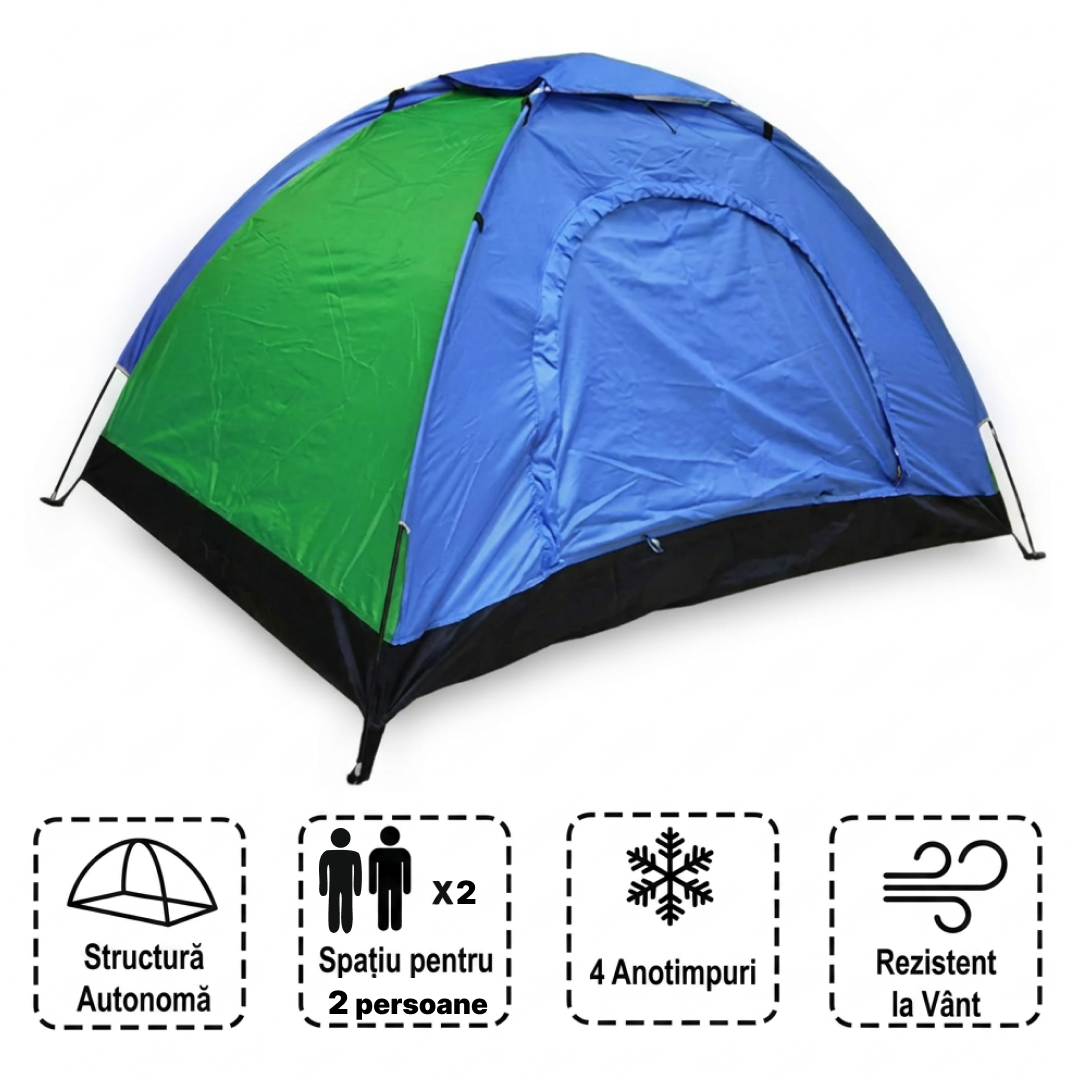 Cort Camping 2 Persoane 200x250x150cm | Poliester 170T Impermeabil | Filtru UV | Plasa Anti-Tantari | Ventilatie Superioara | Ancore Incluse