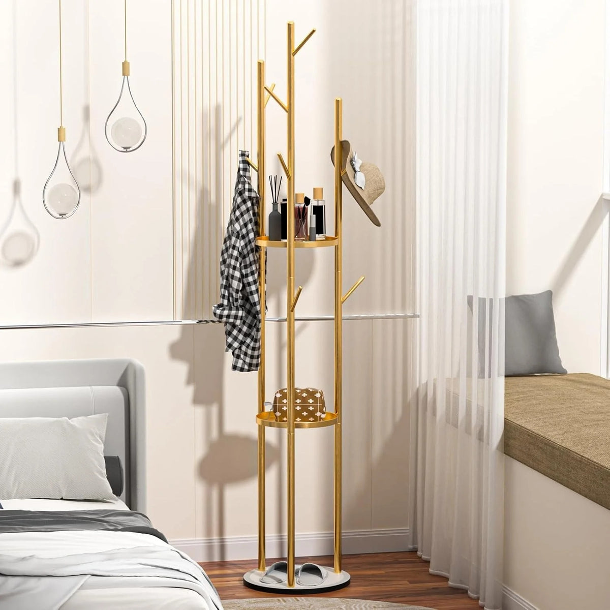 Cuier de Podea Auriu cu Baza tip Marmura, 9 Carlige si 3 Rafturi, 172 cm, Design Elegant pentru Hol si Dormitor