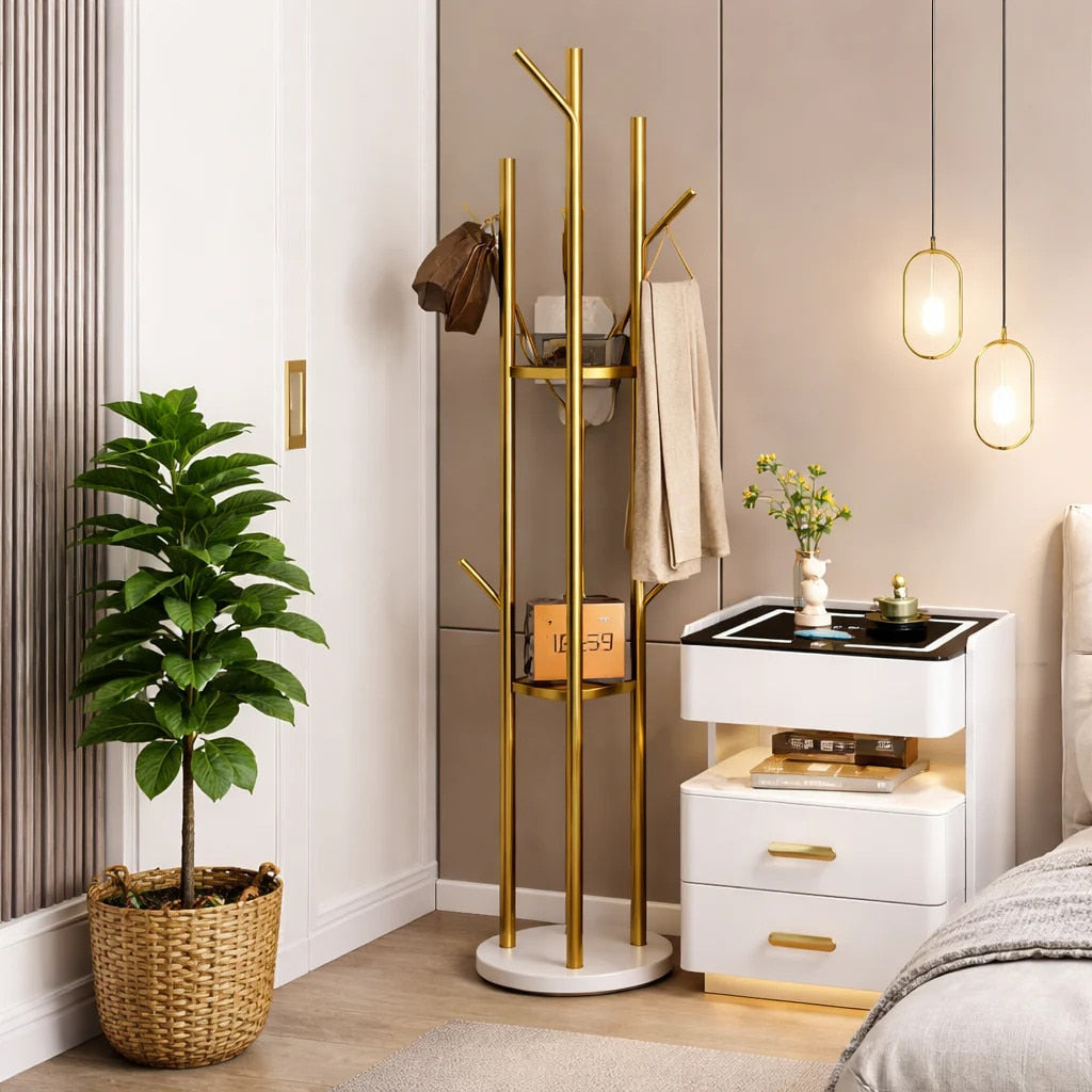 Cuier de Podea Auriu cu Baza tip Marmura, 9 Carlige si 3 Rafturi, 172 cm, Design Elegant pentru Hol si Dormitor