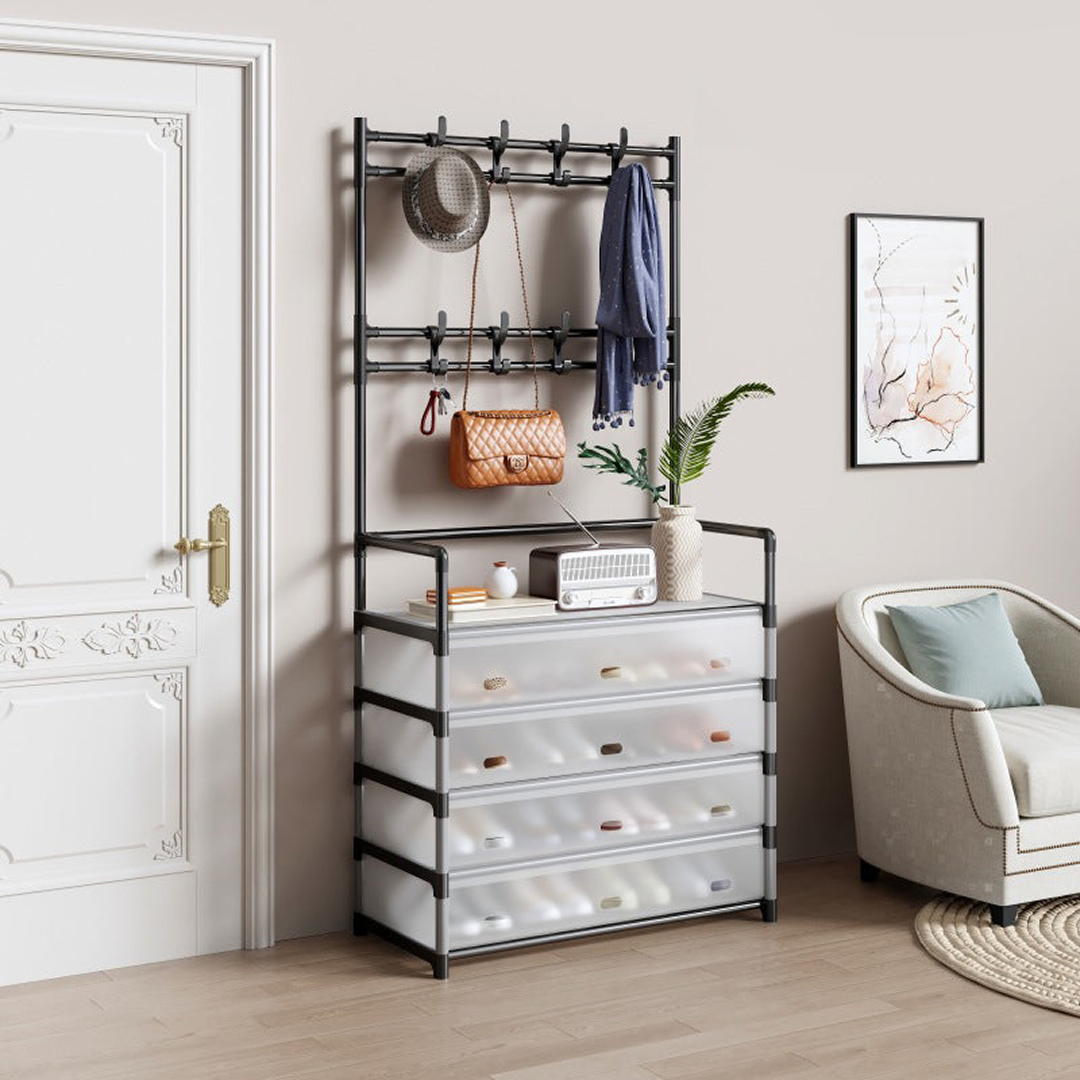 Cuier cu Raft Pantofi 3 in 1 | 5 Niveluri 20 Perechi | 8 Carlige Duble | Usi Antipraf Ventilate | Otel Rezistent Rugina | 77x35x167cm