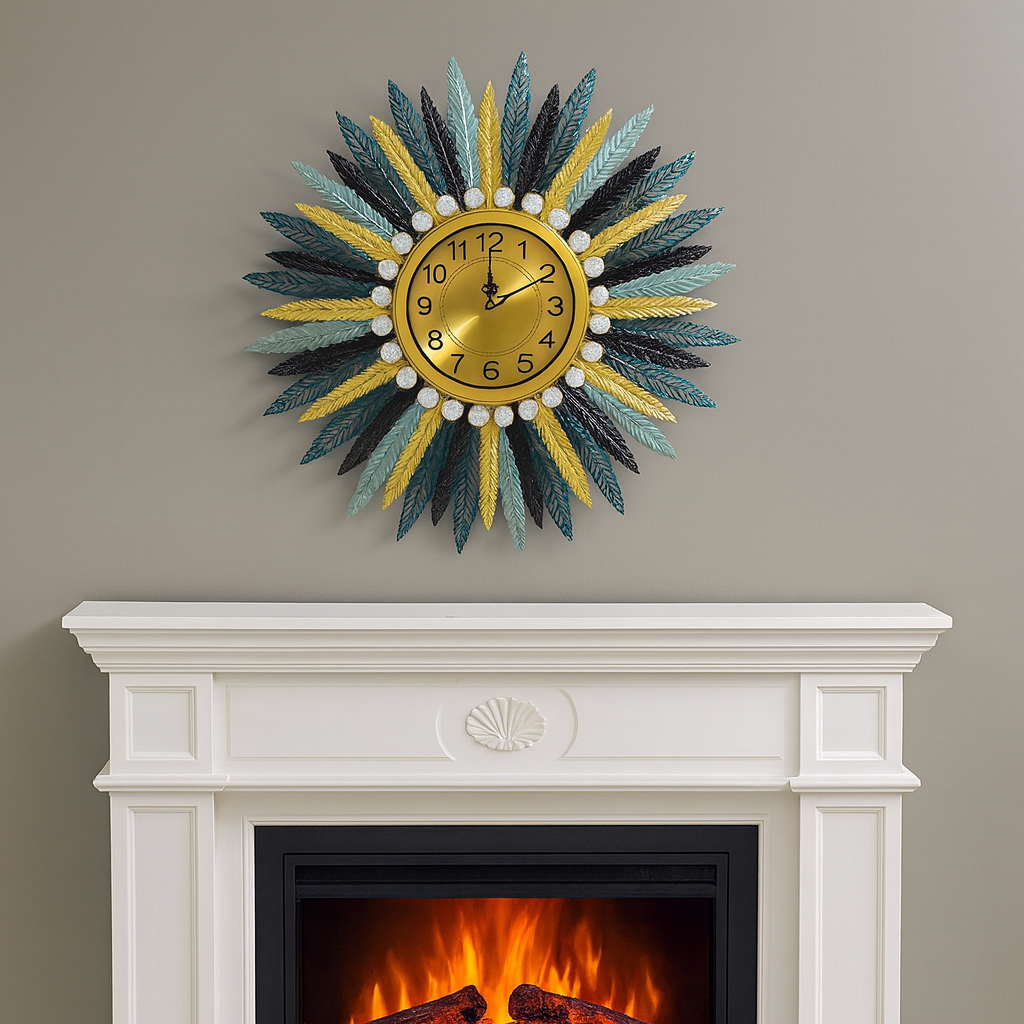 Ceas de Perete Decorativ 73 cm, Design Floare, Metal Auriu Multicolor, Mecanism Quartz