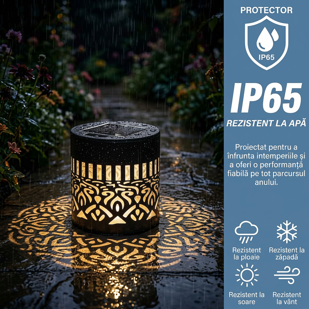 Lampa Solara de Perete cu Proiectie Mandala | LED Alb Cald | IP65 | 0.5W | 600mAh | Metal | 8.4x8.4x8.6 cm