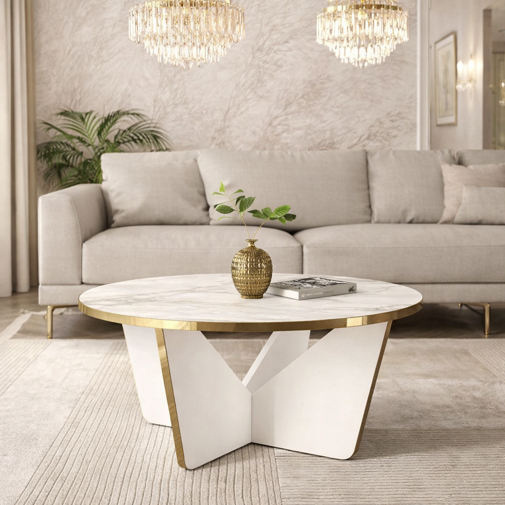 Masuta de Cafea Rotunda cu Blat Aspect Marmura | Baza Geometrica Alb-Auriu | 75x75x35 cm