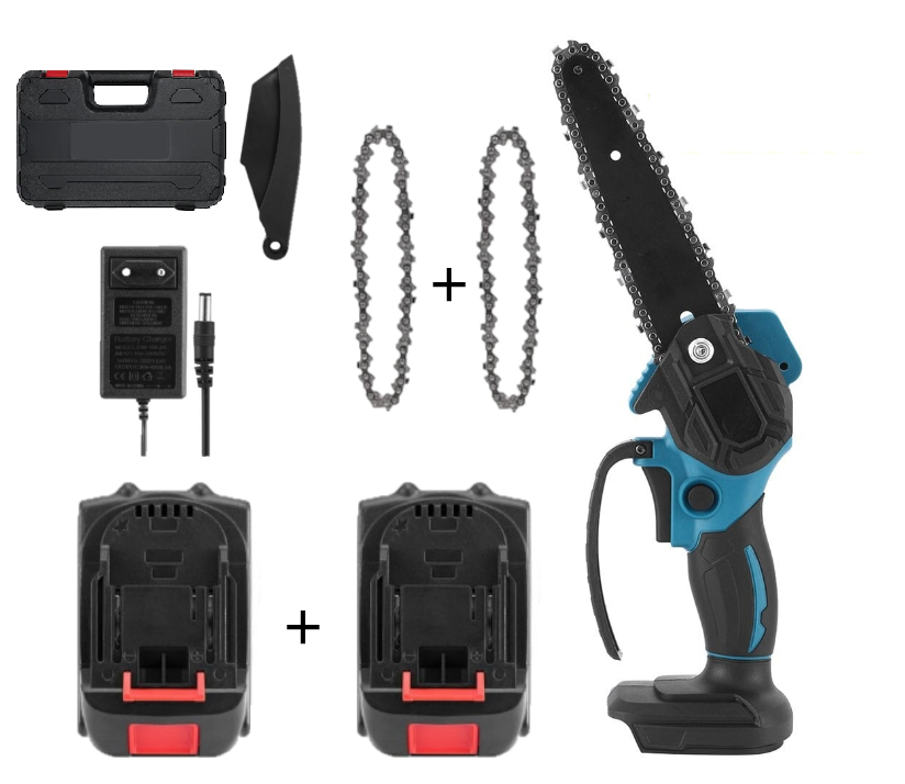 Mini Fierăstrău cu Acumulator 48V, Lamă 15 cm, 2 Acumulatori, 2 Lanțuri și Valiză