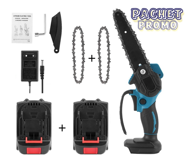 Pachet Promo : Mini drujba cu lant WERSTIL, fara fir, lama 6 inch, portabil , cu 2 acumulatori + 2 lanturi