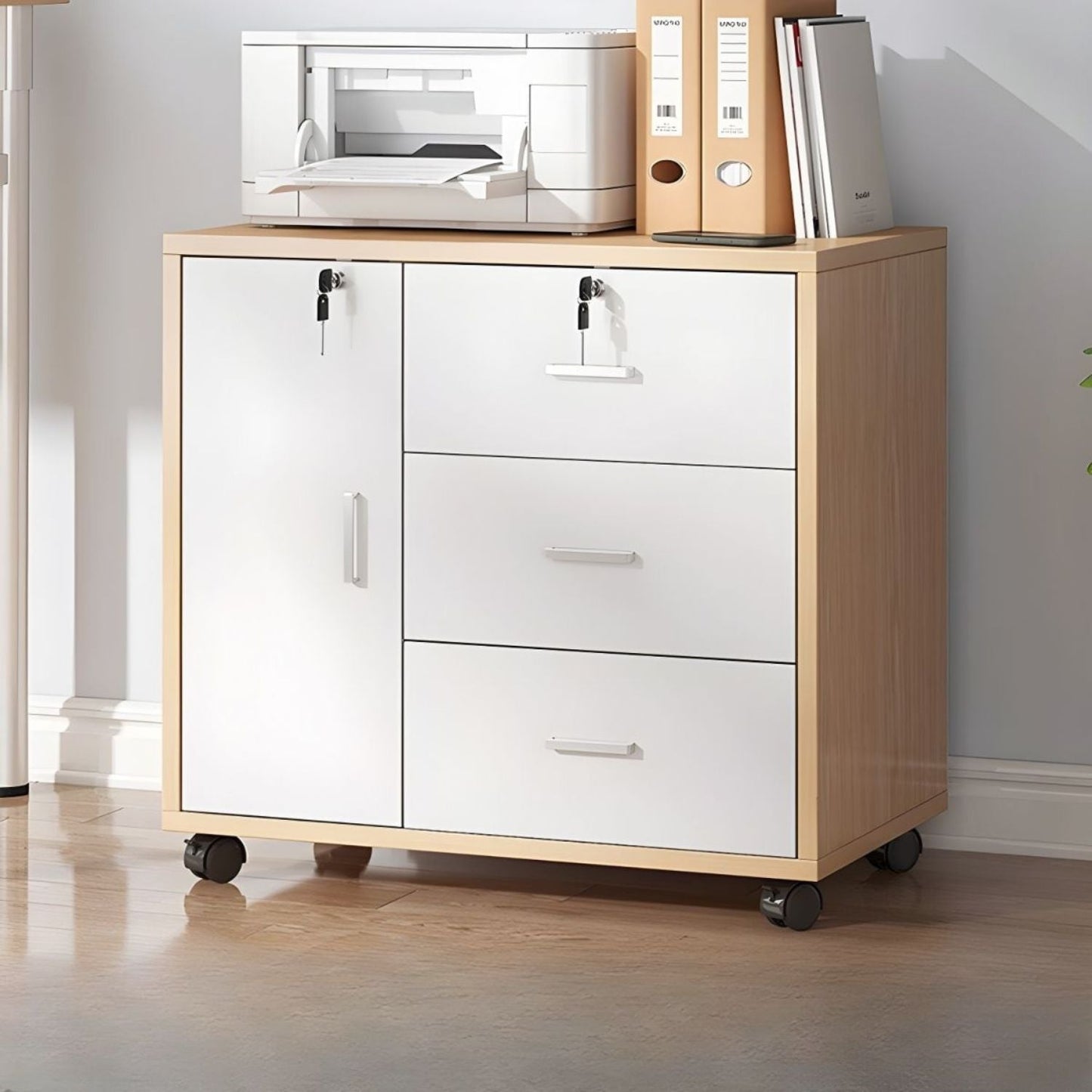 Dulap Mobil pentru Birou cu 3 Sertare si Incuietori | Rafturi si Roti | Natur/Alb | 60x37x57 cm