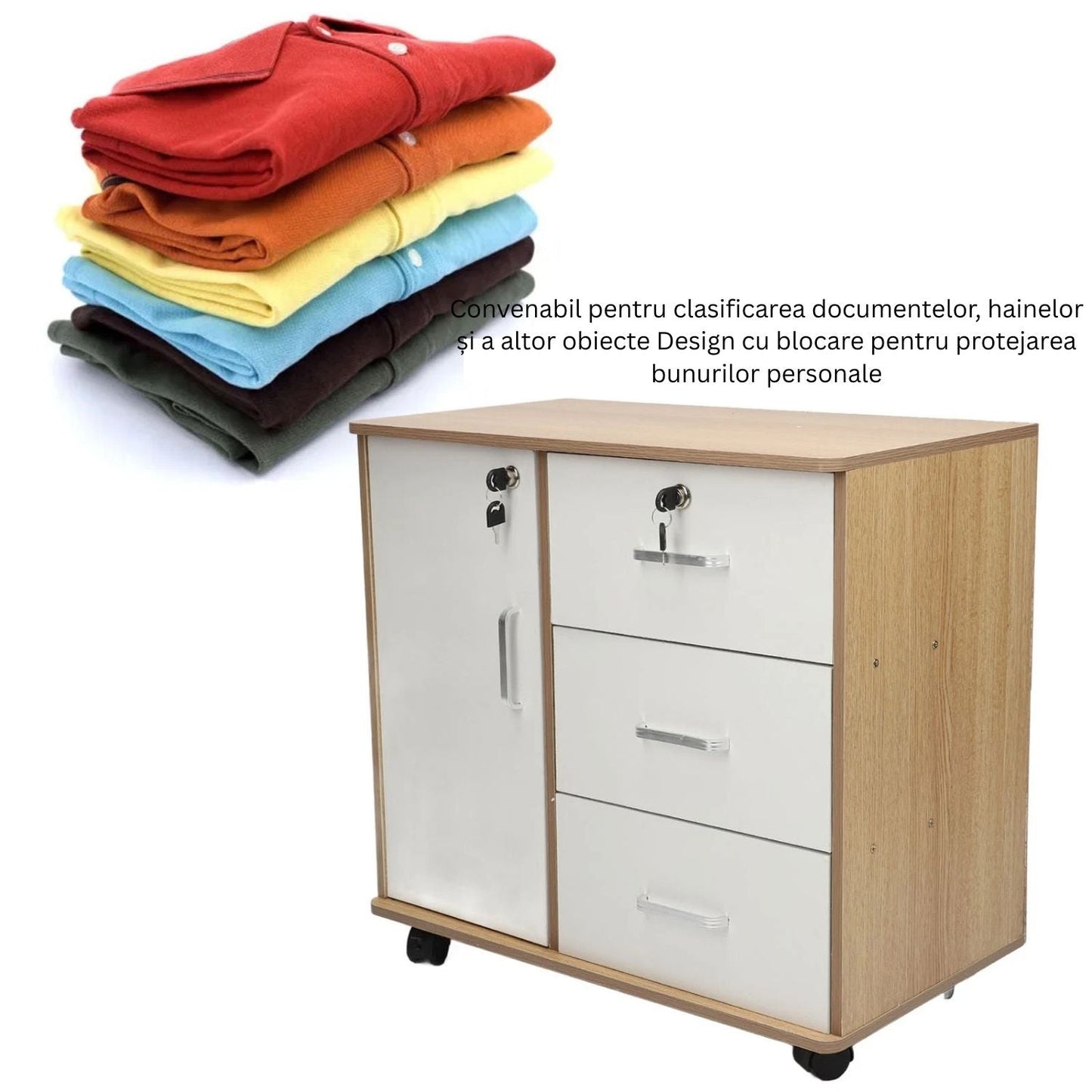 Dulap Mobil pentru Birou cu 3 Sertare si Incuietori | Rafturi si Roti | Natur/Alb | 60x37x57 cm