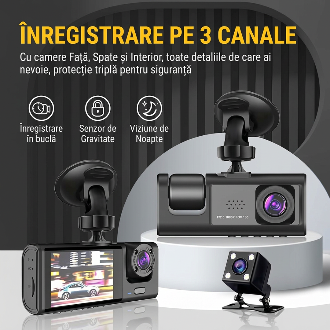 Camera Auto Tripla | 3 Camere Fata Spate Interior | Ecran 2" | G-Sensor | Unghi 170° | Monitorizare Parcare