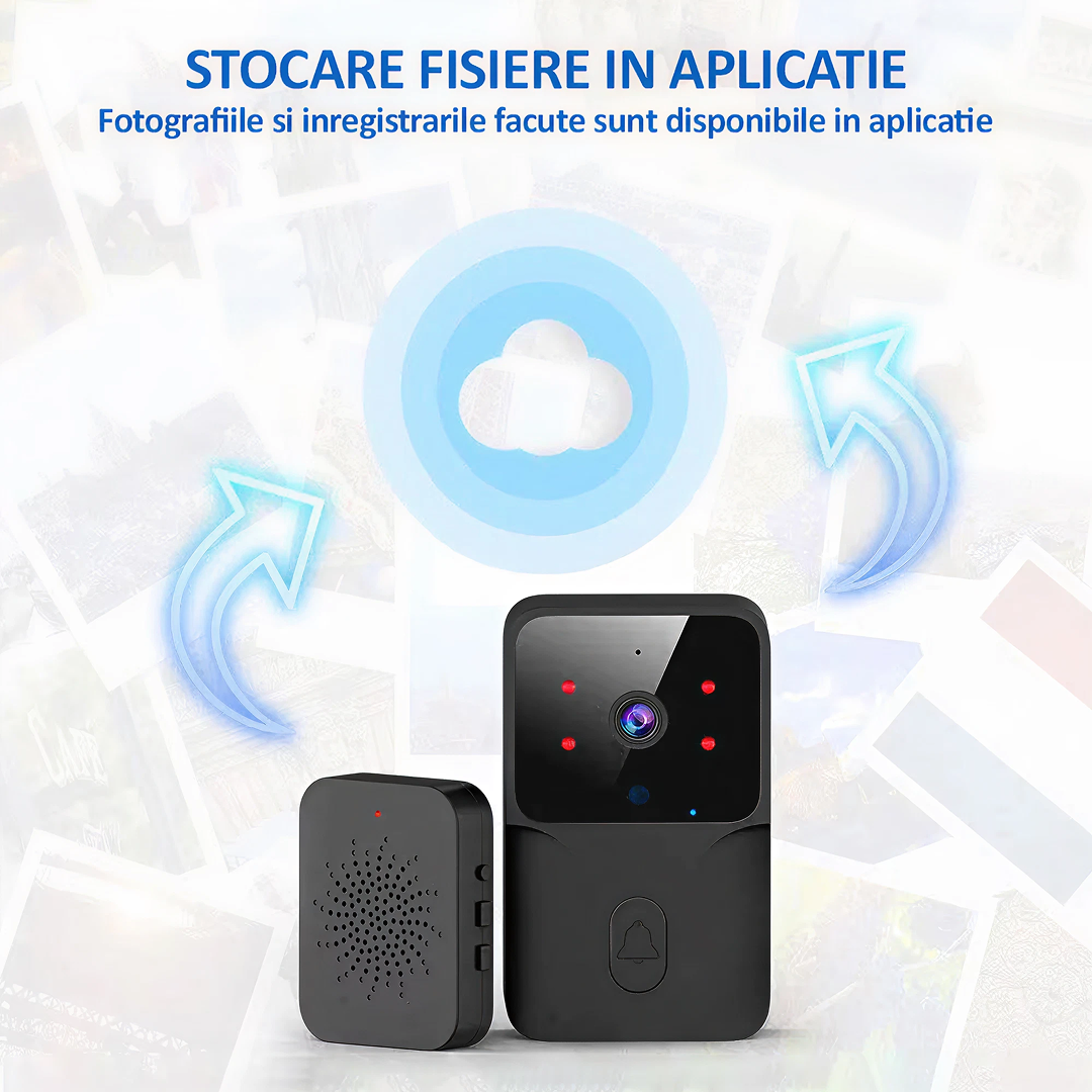 Sonerie Video Wireless 1080P | Control Prin Aplicatie | Viziune Nocturna HD | WiFi 2.4GHz | Neagra