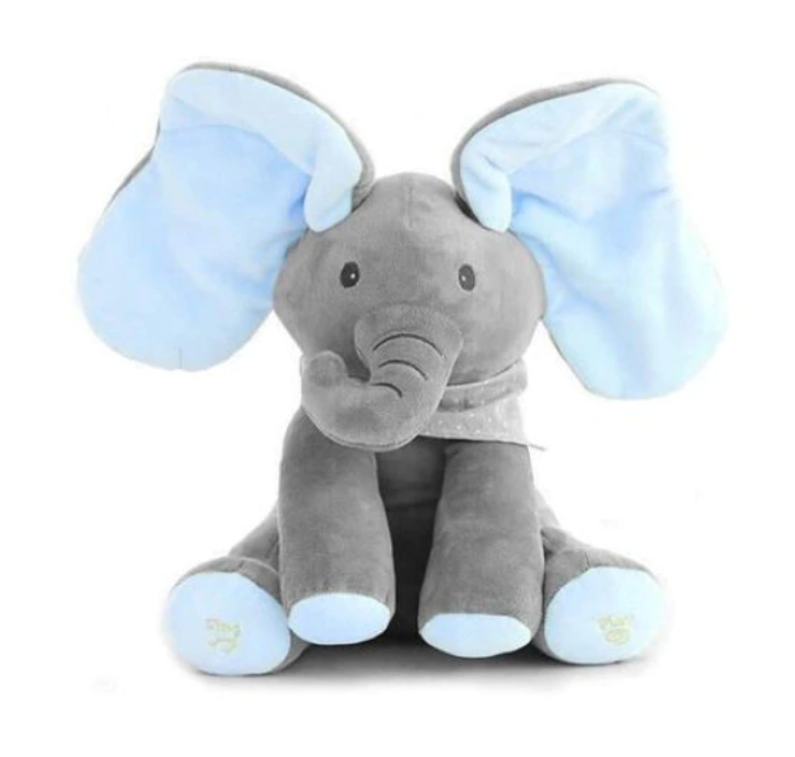 Jucarie Interactiva Elefant Cucu-Bau Muzical | Plus Moale 26 cm | Varianta Albastra | Joc Peek-a-Boo