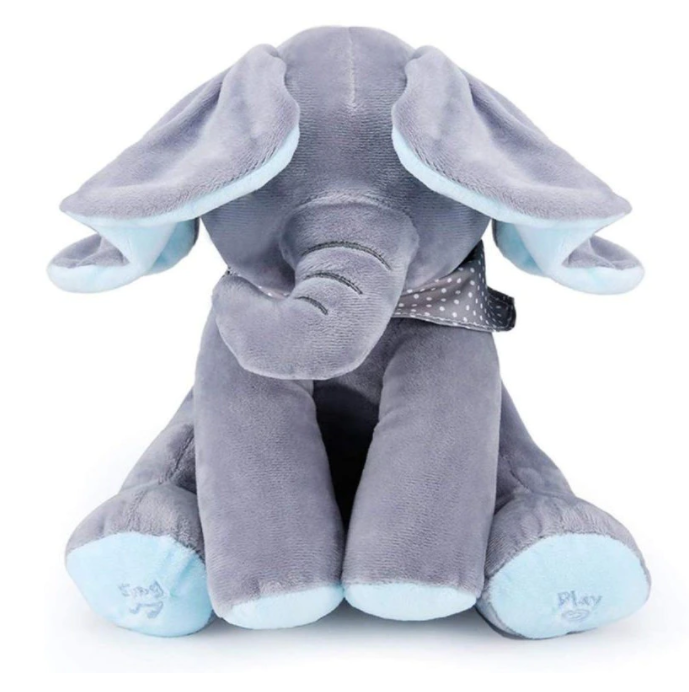 Jucarie Interactiva Elefant Cucu-Bau Muzical | Plus Moale 26 cm | Varianta Albastra | Joc Peek-a-Boo